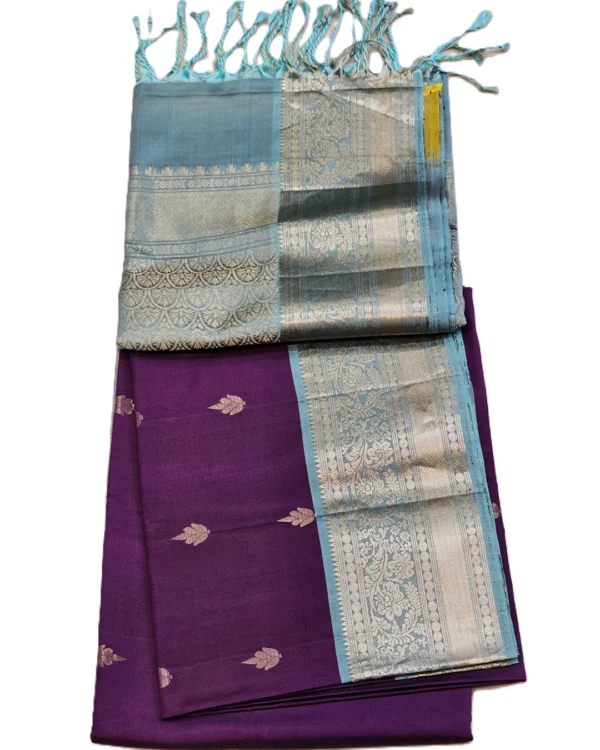 SOFT SILK SAREES - Deep Plum Purple with Powder Blue & Silver Zari