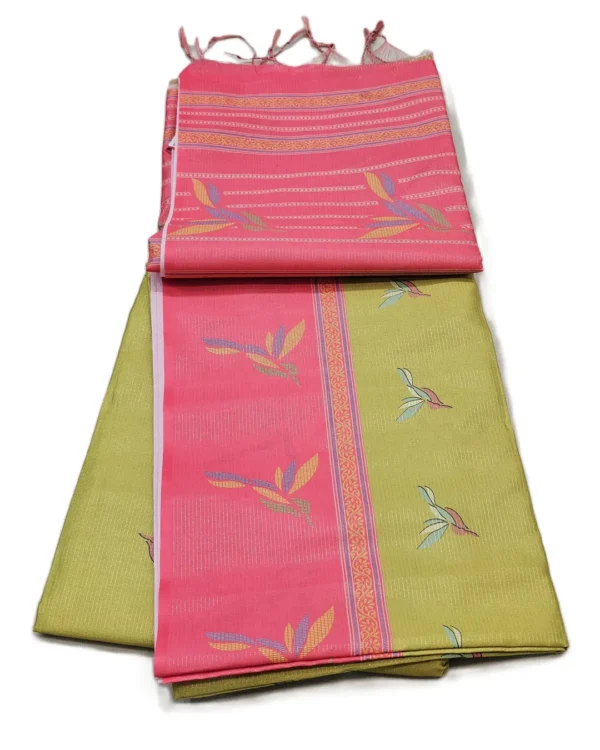 FANCY SAREES - Olive Green Coral Pink Bird Motif Saree