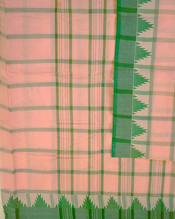 CHETTINAD COTTON SAREES  - Peach Pink with Bottle Green