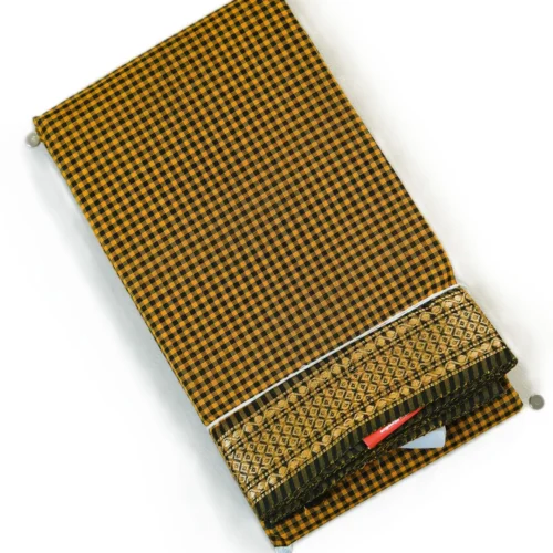 CHETTINAD COTTON SAREES  - Black with Mustard Yellow Checks & Antique Gold