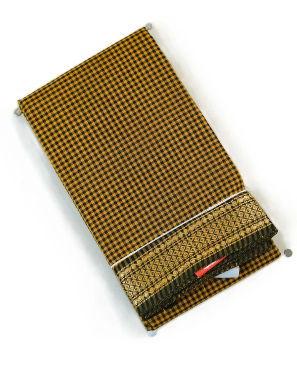 115 CHETTINAD COTTON SAREES - Black with Mustard Yellow Checks & Antique Gold