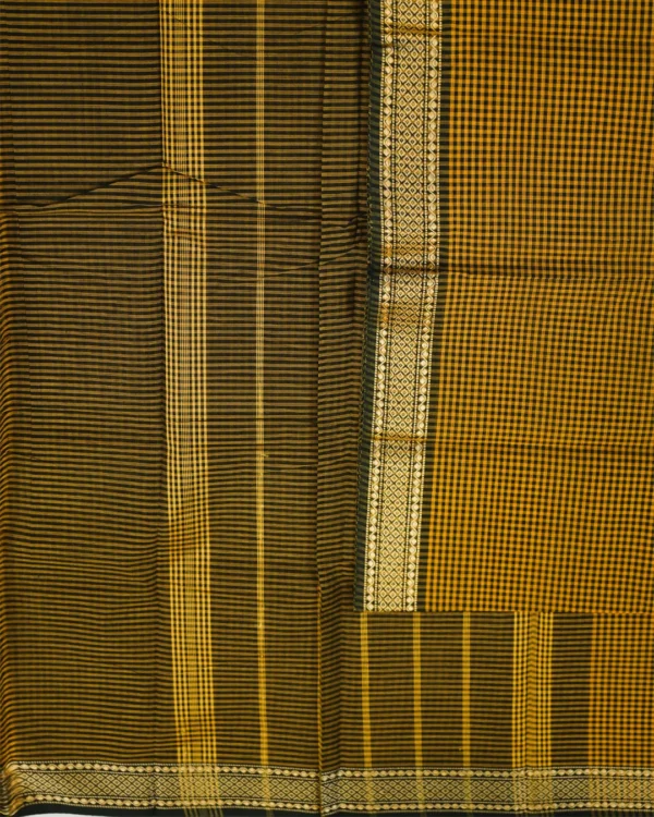 117 CHETTINAD COTTON SAREES - Black with Mustard Yellow Checks & Antique Gold