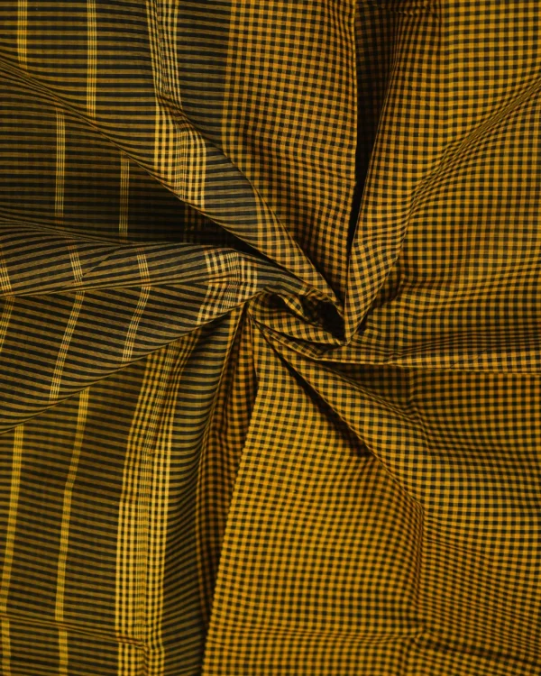 118 CHETTINAD COTTON SAREES - Black with Mustard Yellow Checks & Antique Gold