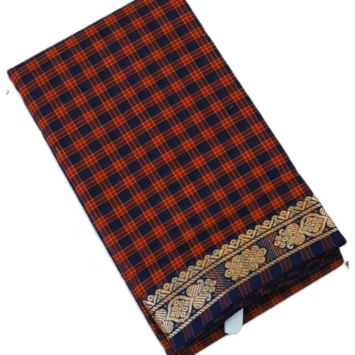 CHETTINAD COTTON SAREES  - Navy Blue with Maroon & Orange Checks