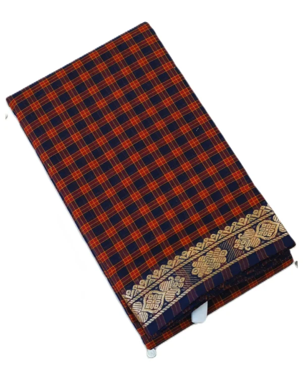 119 CHETTINAD COTTON SAREES - Navy Blue with Maroon & Orange Checks