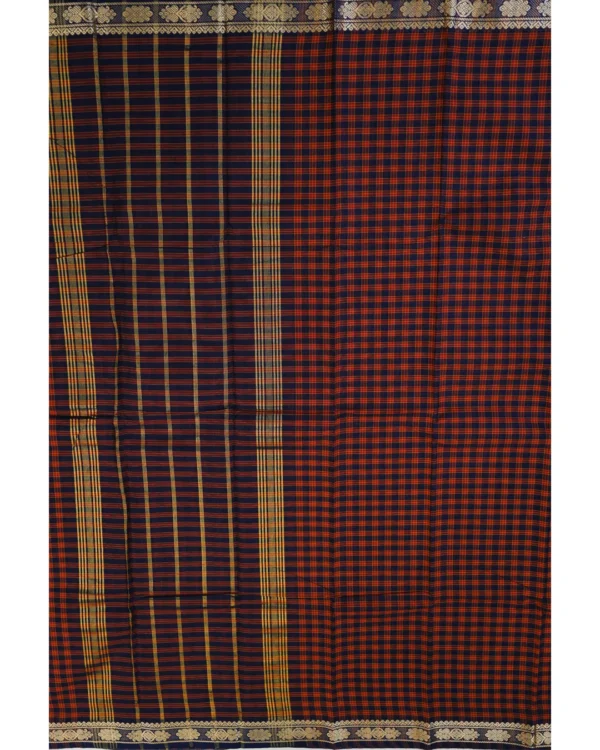 120 CHETTINAD COTTON SAREES - Navy Blue with Maroon & Orange Checks
