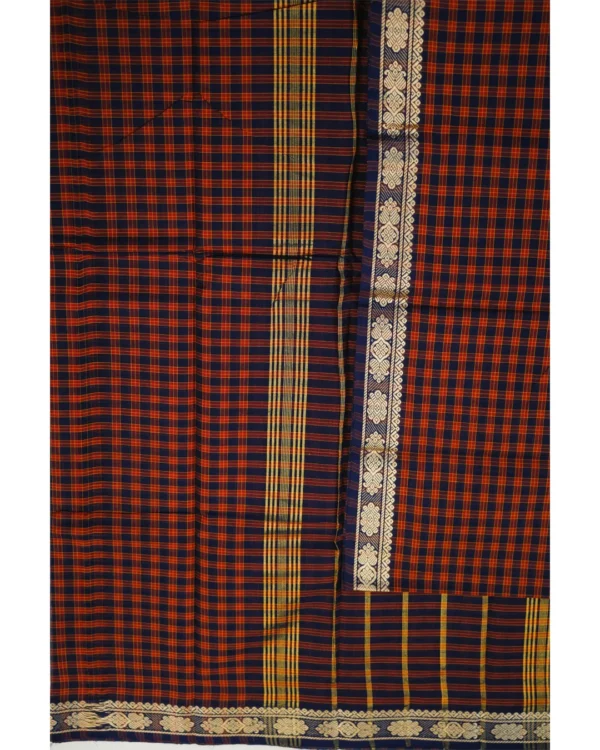 121 CHETTINAD COTTON SAREES - Navy Blue with Maroon & Orange Checks