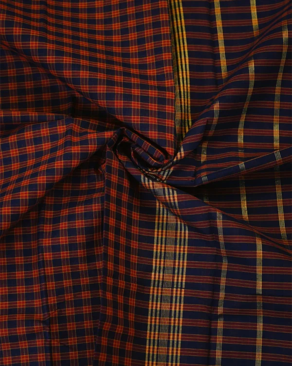 122 CHETTINAD COTTON SAREES - Navy Blue with Maroon & Orange Checks