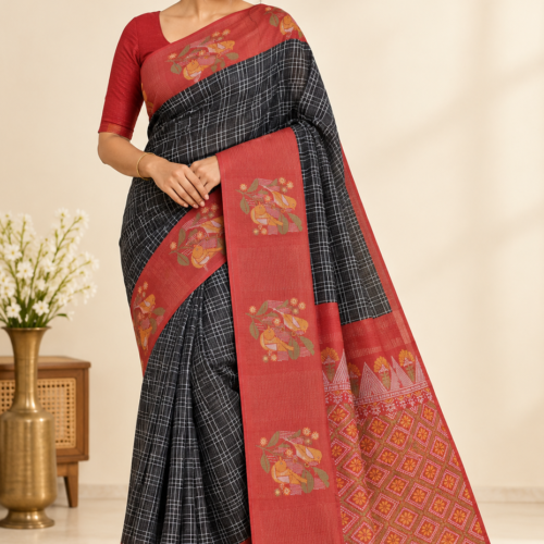1222 FANCY SAREES - Charcoal Black with Rust Red