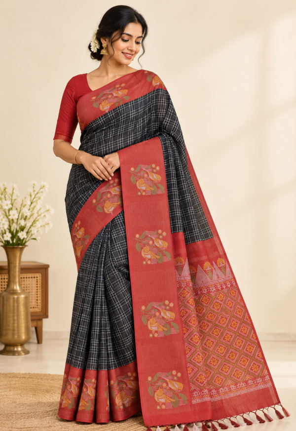 FANCY SAREES - Charcoal Black with Rust Red