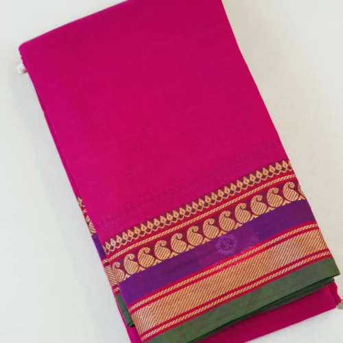 CHETTINAD COTTON SAREES  - Rani Pink with Purple, Green & Antique Gold