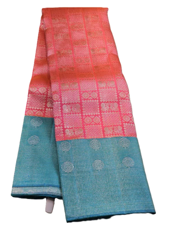 Kanchipuram silks - Coral Pink with Peacock Blue & Silver Zari