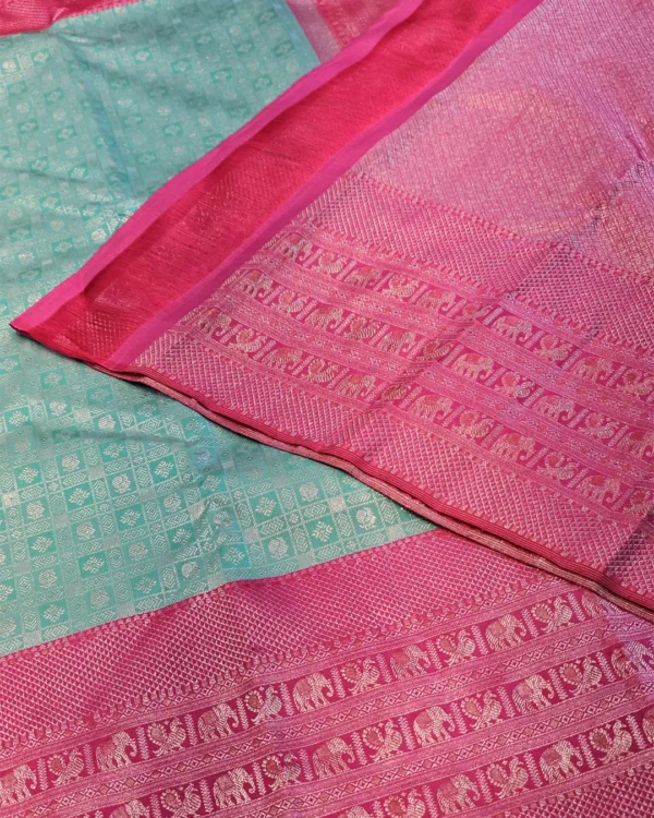 Kanchipuram silks - Aqua Blue with Rani Pink & Silver Zari