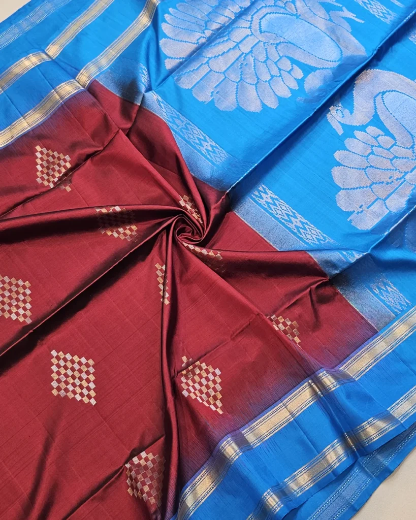 SOFT SILK SAREES - Royal Blue with Wine Maroon & Antique Gold