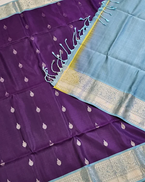 SOFT SILK SAREES - Deep Plum Purple with Powder Blue & Silver Zari