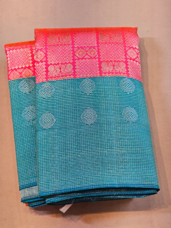 Kanchipuram silks - Coral Pink with Peacock Blue & Silver Zari