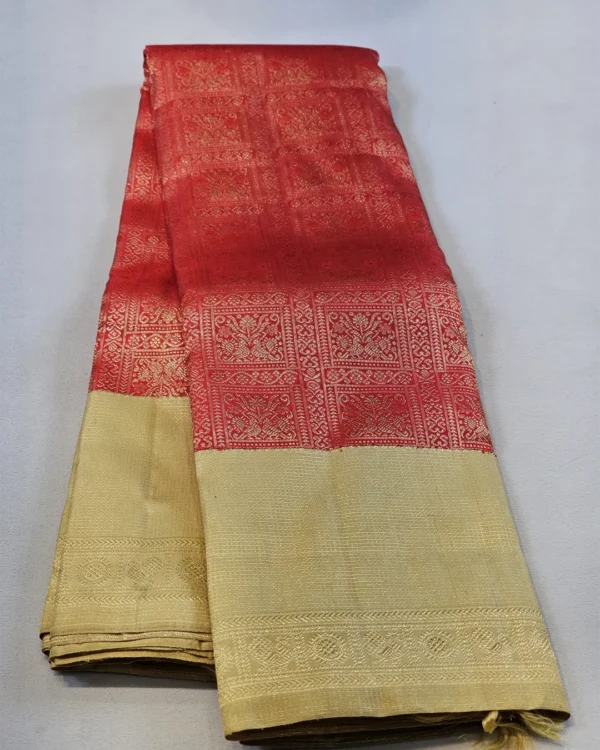 26 (2) Kanchipuram silks - Vermilion Red with Antique Gold Zari