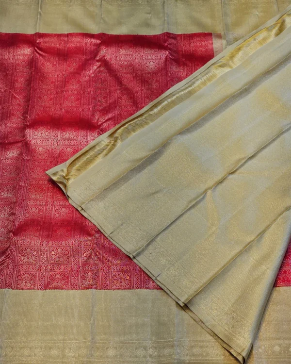 27 (2) Kanchipuram silks - Vermilion Red with Antique Gold Zari