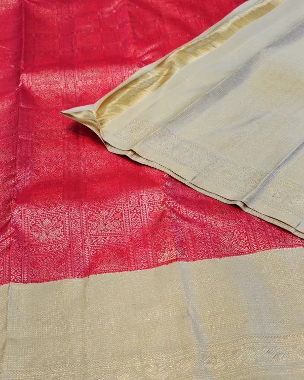 28 (2) Kanchipuram silks - Vermilion Red with Antique Gold Zari