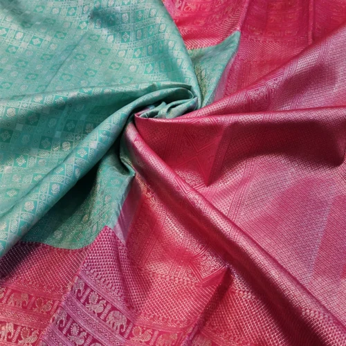 Kanchipuram silks - Aqua Blue with Rani Pink & Silver Zari