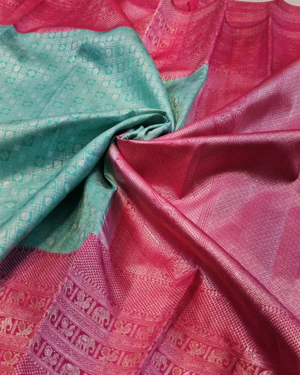Kanchipuram silks - Aqua Blue with Rani Pink & Silver Zari
