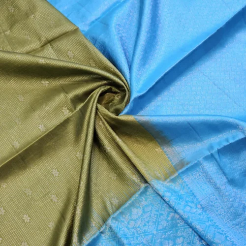 SOFT SILK SAREES - Sky Blue with Antique Gold / Olive Gold