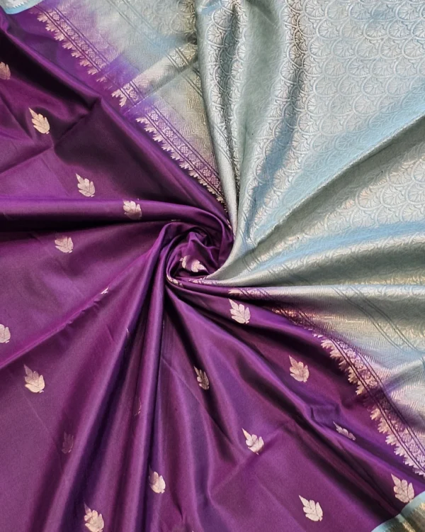 SOFT SILK SAREES - Deep Plum Purple with Powder Blue & Silver Zari