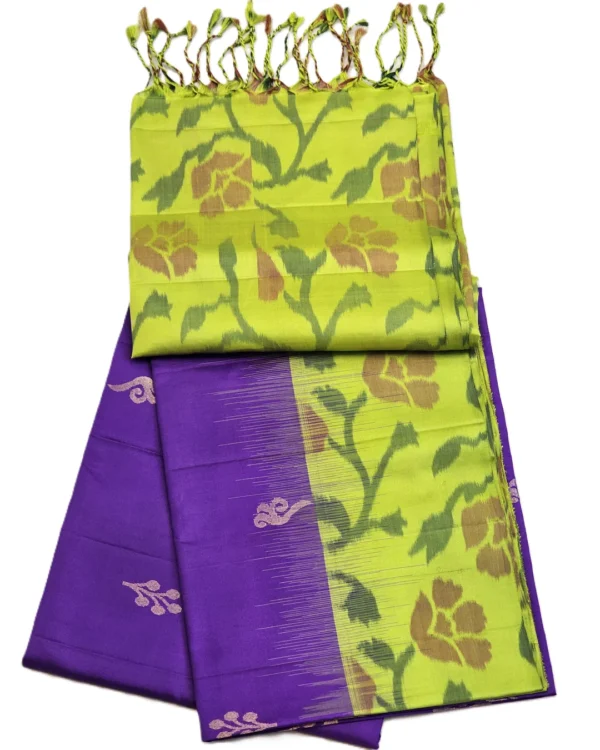 SOFT SILK SAREE - Parrot Green with Royal Purple & Antique Gold