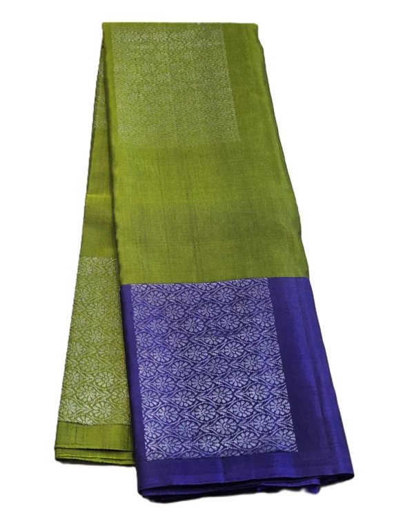 SOFT SILK SAREE - Olive Green with Royal Blue Contrast & Silver Zari