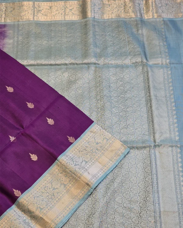 SOFT SILK SAREES - Deep Plum Purple with Powder Blue & Silver Zari