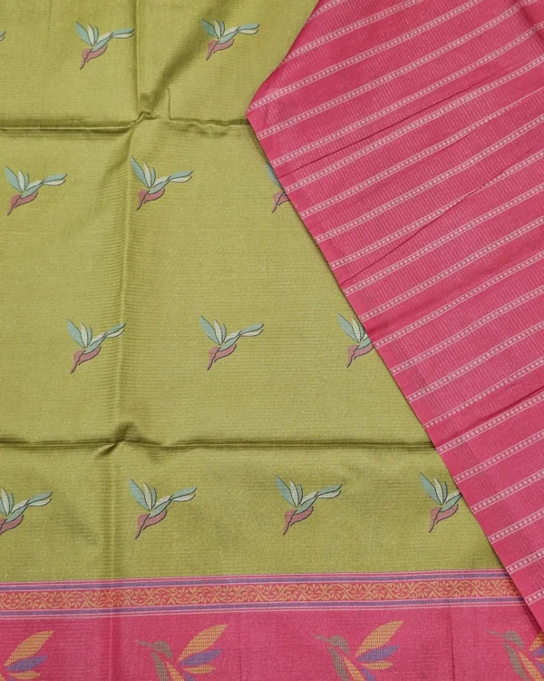 FANCY SAREES - Olive Green Coral Pink Bird Motif Saree