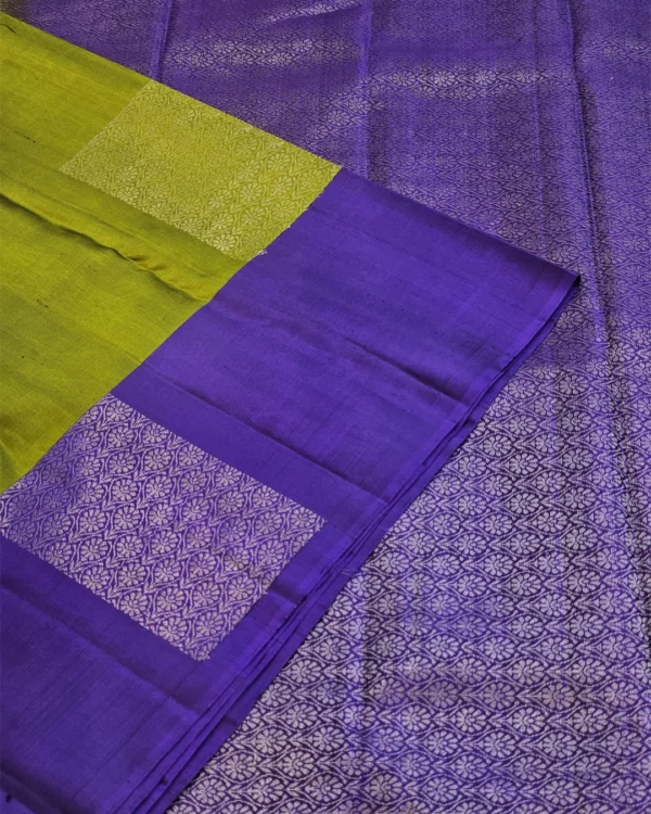 SOFT SILK SAREE - Olive Green with Royal Blue Contrast & Silver Zari