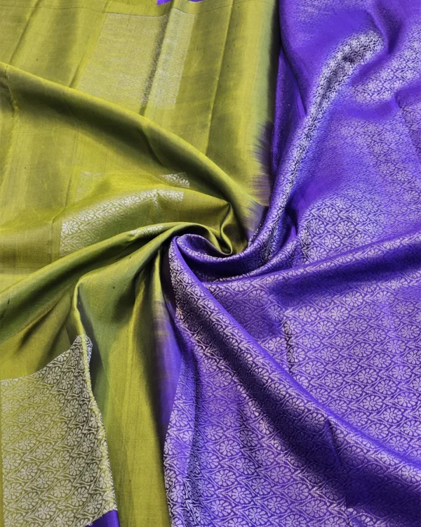 SOFT SILK SAREE - Olive Green with Royal Blue Contrast & Silver Zari