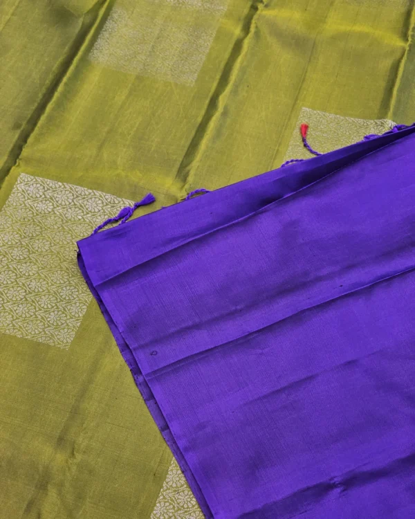 SOFT SILK SAREE - Olive Green with Royal Blue Contrast & Silver Zari