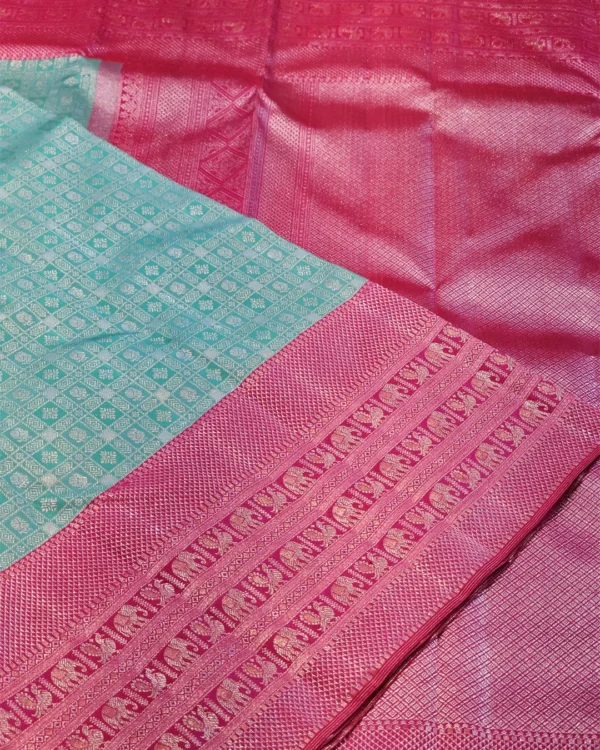 Kanchipuram silks - Aqua Blue with Rani Pink & Silver Zari