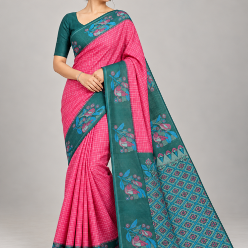 Elegant Fuchsia and Teal Saree Portrait FANCY SAREES - Bright Fuchsia Pink with White Checks