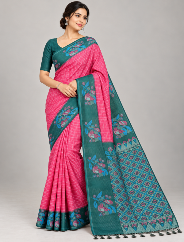 Elegant Fuchsia and Teal Saree Portrait FANCY SAREES - Bright Fuchsia Pink with White Checks