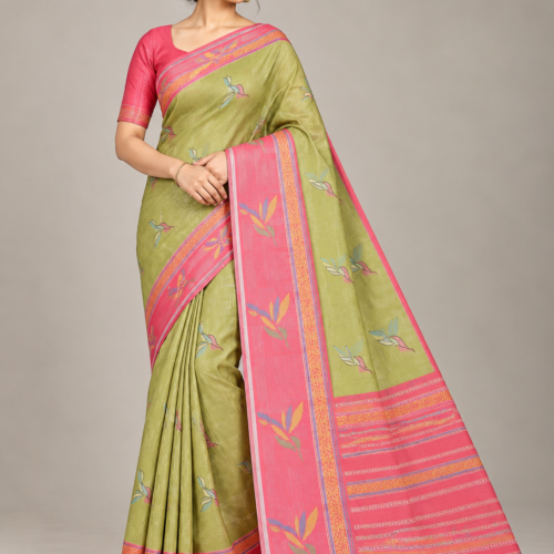 Elegant Olive Green and Pink Saree Portrait FANCY SAREES - Olive Green Coral Pink Bird Motif Saree